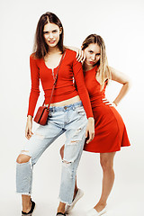 Image showing best friends teenage girls together having fun, posing emotional on white background, besties happy smiling, lifestyle people concept