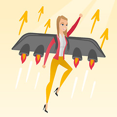 Image showing Business woman flying on the rocket to success.