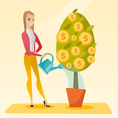 Image showing Woman watering money tree vector illustration.