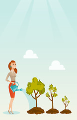 Image showing Business woman watering trees vector illustration.