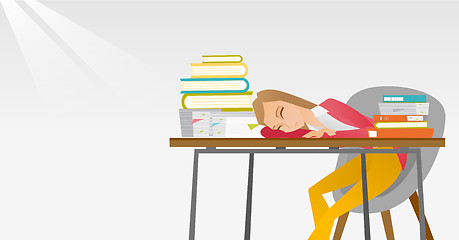 Image showing Female student sleeping at the desk with book.