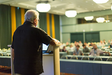 Image showing Senior public speaker giving talk at scientific conference.