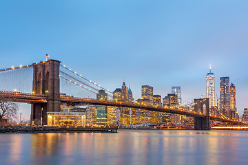 Image showing Brooklyn bridge at dusk, New York City.