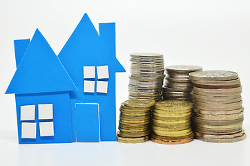 Image showing House model and stacks of coins