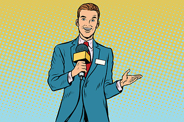 Image showing joyful TV reporter with microphone