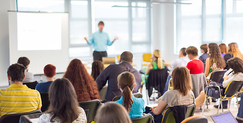 Image showing Speaker giving presentation on business conference.