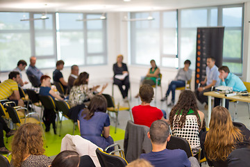 Image showing Round table discussion at business and entrepreneurship convention.