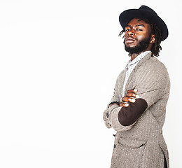 Image showing young handsome afro american boy in stylish hipster hat gesturin