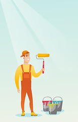 Image showing Painter holding paint roller vector illustration.