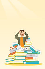 Image showing Student sitting in huge pile of books.