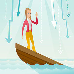 Image showing Business woman standing in sinking boat.