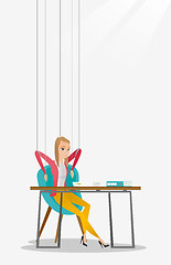 Image showing Business woman marionette on ropes working.