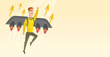 Image showing Happy businessman flying on the rocket to success.