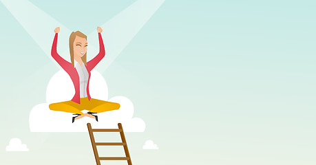 Image showing Happy business woman sitting on the cloud.