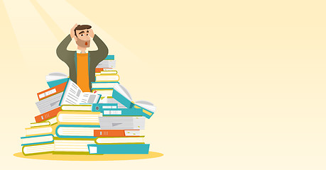 Image showing Student sitting in huge pile of books.