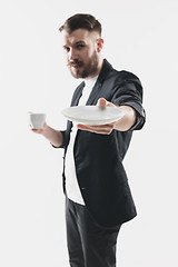 Image showing Portrait of stylish handsome young man with cup of coffee