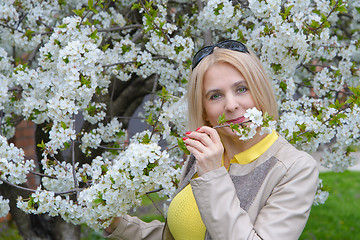 Image showing The blonde sniffs a flower