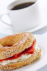 Image showing Smoked salmon bagel and coffee