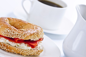 Image showing Smoked salmon bagel and coffee