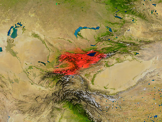 Image showing Kyrgyzstan from space in red