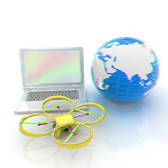 Image showing Drone or quadrocopter with camera with laptop. Network, online, 