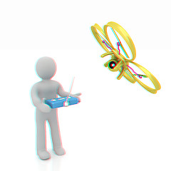 Image showing 3d man with drone, quadrocopter, with photo camera. 3d render. 3