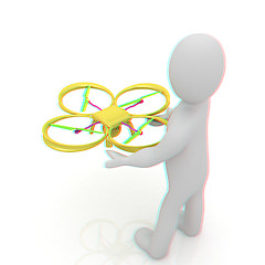 Image showing 3d man with drone, quadrocopter, with photo camera. 3d render. 3