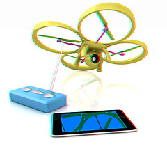 Image showing Drone, remote controller and tablet PC. Anaglyph. View with red/