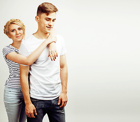 Image showing young pretty teenage couple, hipster guy with his girlfriend hap