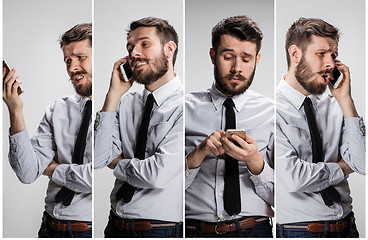 Image showing Collage from images of smiling man talking on the phone on a gray