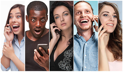 Image showing The collage from images of multiethnic group of happy young men and women using their phones