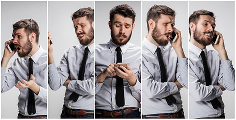 Image showing Collage from images of smiling man talking on the phone on a gray