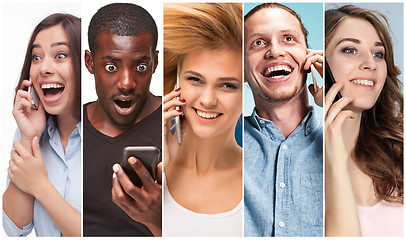 Image showing The collage from images of multiethnic group of happy young men and women using their phones