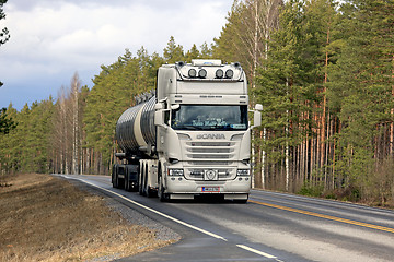 Image showing White Super Scania Tanker on Rural Road