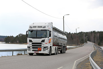 Image showing White Next Generation Scania R500 Tank Truck on Bridge