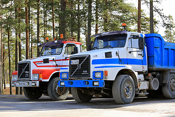 Image showing Two Classic Volvo N12 Trucks