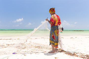 Image showing Traditional african local rural fishing on Paje beach, Zanzibar, Tanzania.