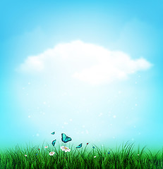 Image showing Summer, Cloud, Sky, Grass, Flower And Butterflies