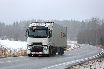 Image showing White Renault Trucks T Hauls Cargo in Winter