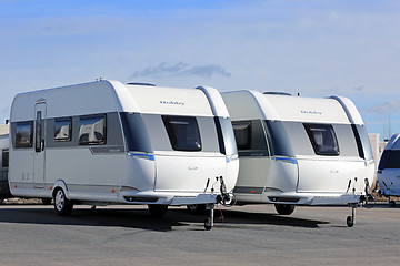 Image showing Two Modern Hobby Caravans on Display