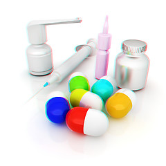 Image showing Syringe, tablet, pill jar. 3D illustration. Anaglyph. View with 