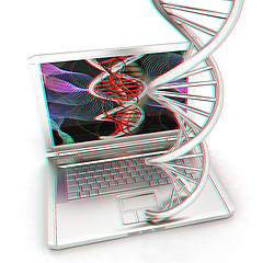 Image showing Laptop with dna medical model background on laptop screen. 3d il