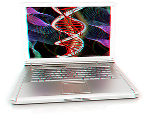 Image showing Laptop with dna medical model background on laptop screen. 3d il