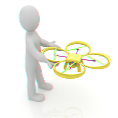 Image showing 3d man with drone, quadrocopter, with photo camera. 3d render. 3