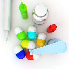 Image showing Syringe, tablet, pill jar. 3D illustration. Anaglyph. View with 