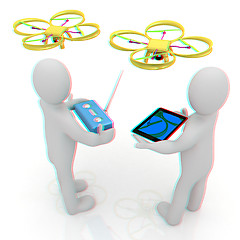 Image showing 3d white people. Man flying a white drone with camera. 3D render