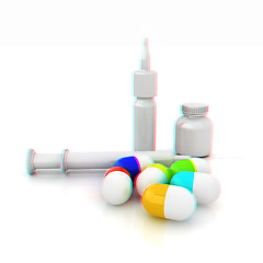 Image showing Syringe, tablet, pill jar. 3D illustration. Anaglyph. View with 