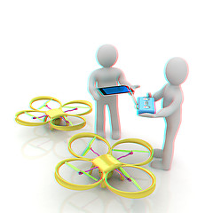 Image showing 3d white people. Man flying a white drone with camera. 3D render