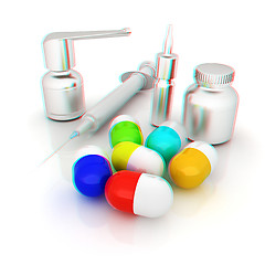 Image showing Syringe, tablet, pill jar. 3D illustration. Anaglyph. View with 