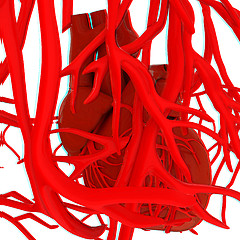 Image showing Human heart and veins. 3D illustration.. Anaglyph. View with red